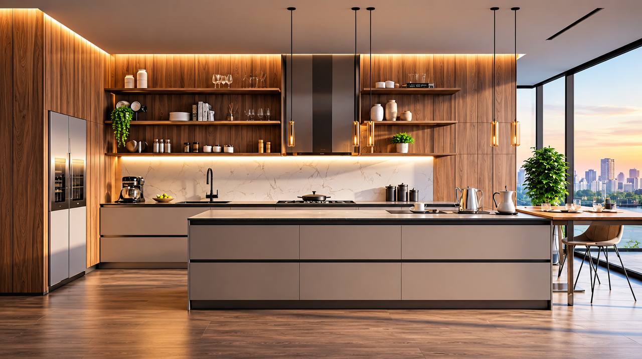 Contemporary walnut and marble kitchen finished by Elben Construction