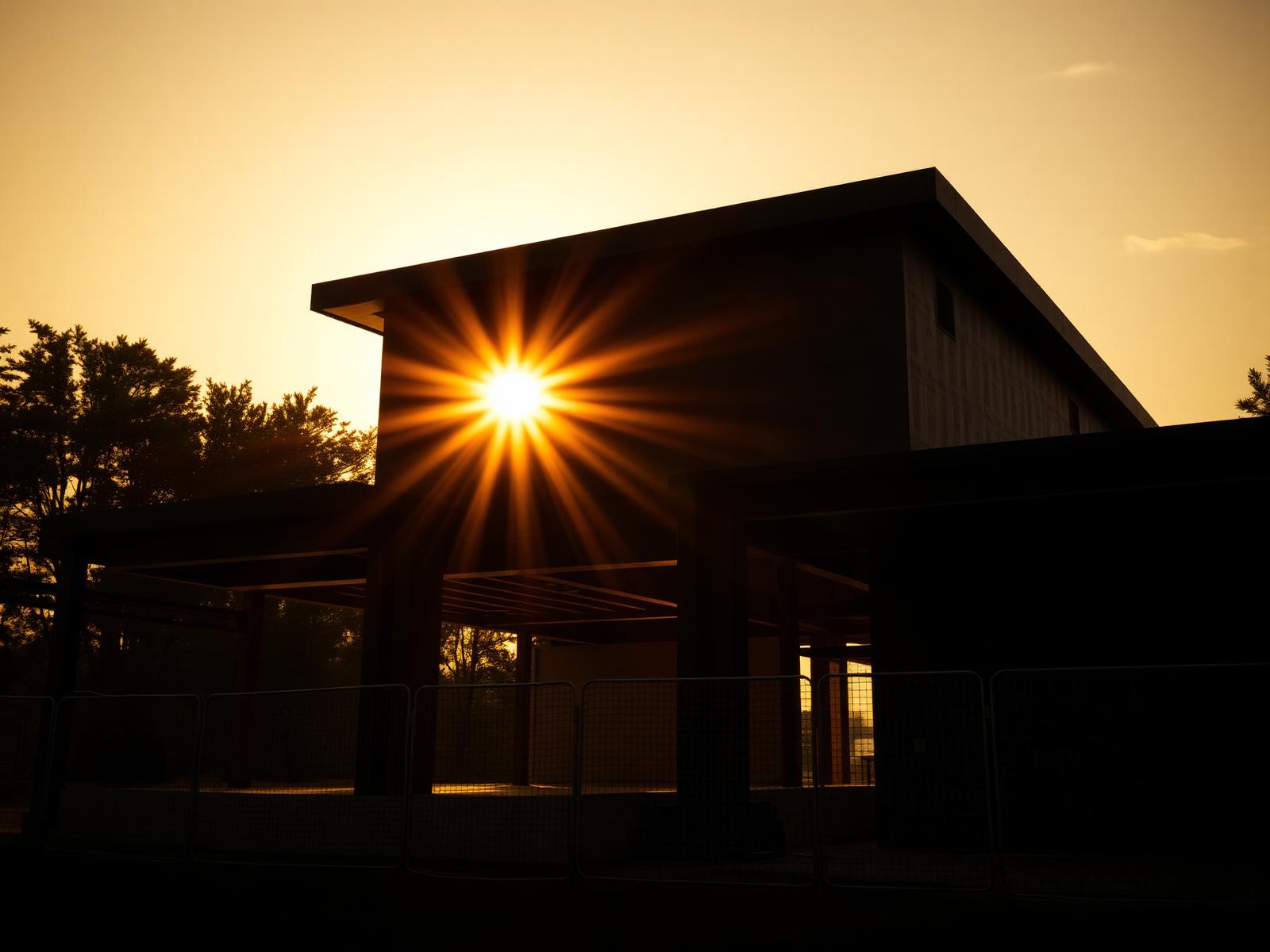 Modern home under construction at golden hour